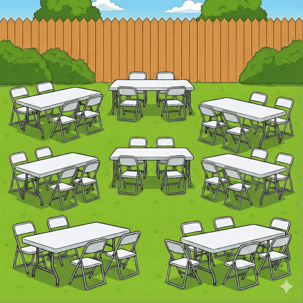 Cartoon illustration of a backyard event setup featuring multiple white folding tables and matching chairs arranged on a green lawn. The scene represents the "Party Shed" tables and chairs rental package, offering essential seating and dining solutions for outdoor gatherings, weddings, and parties.