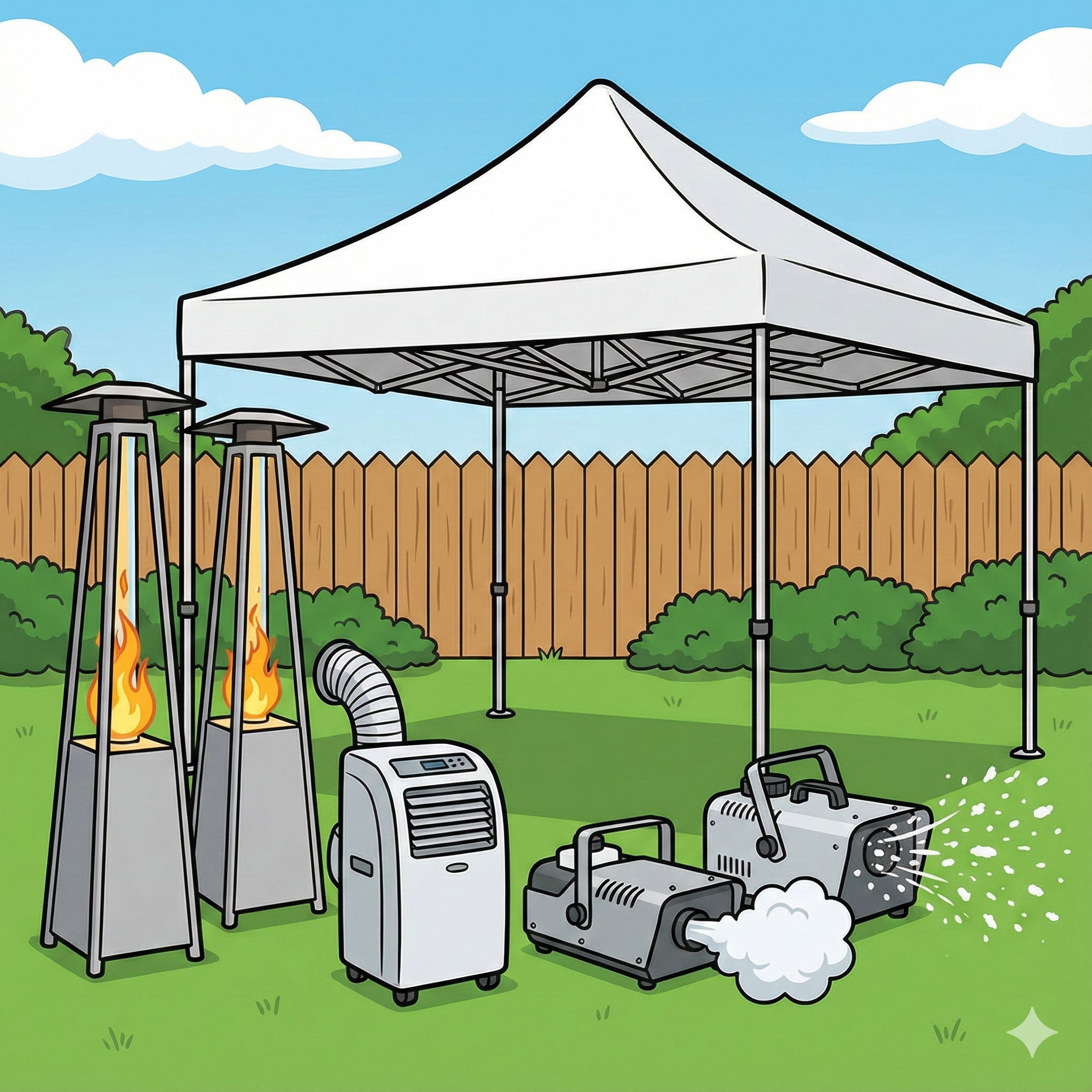 Cartoon illustration of "Party Shed" rental essentials and extras arranged in a backyard setting. The equipment collection features a white pop-up canopy tent, two pyramid-style patio heaters with visible flames, a portable air conditioner, and special effects units including a fog machine and a snow machine in action.