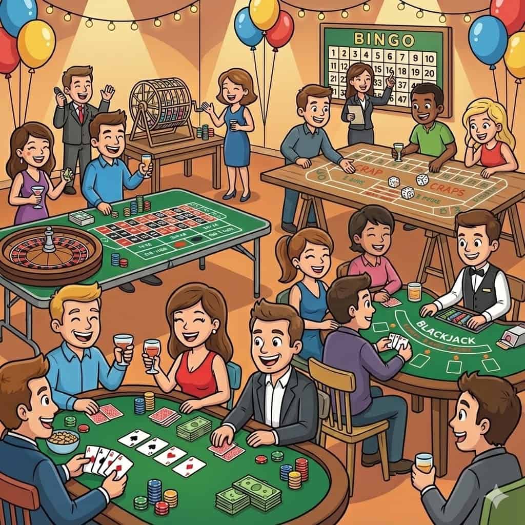 Cartoon illustration of a vibrant Casino Night party featuring guests enjoying various game rentals, including poker, blackjack, craps, roulette, and bingo. The scene depicts a lively, social atmosphere with semi-formal attire, party decorations, and string lights, representing a Party Shed casino event package.