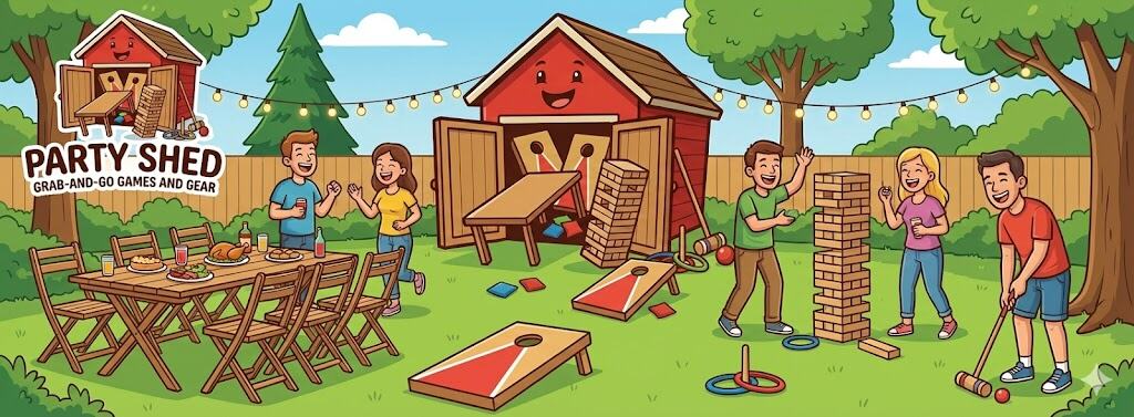 Cartoon illustration of a lively backyard party featuring "Party Shed Grab-and-Go Games and Gear." Friends are enjoying lawn games including cornhole, giant Jenga, ring toss, and croquet, with food on a table and string lights overhead.